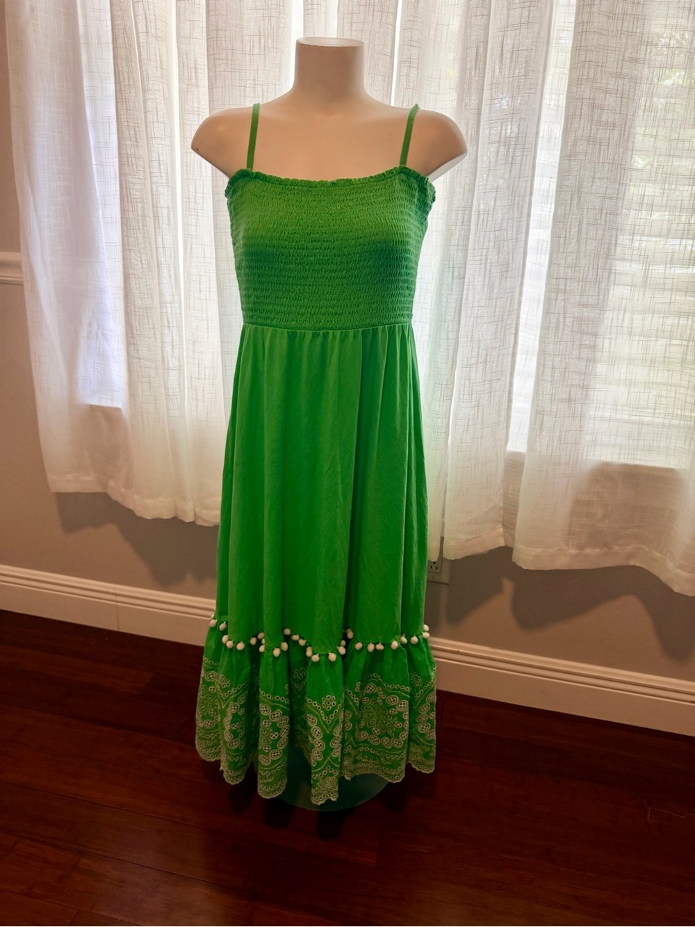 Lilly Pulitzer Modesto Green Smocked Eyelet Pom Pom Midi Dress L